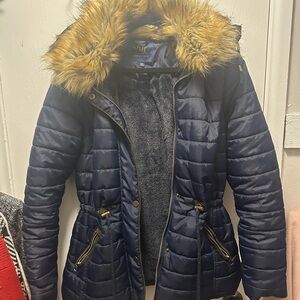 YMI Dark Blue Puffer Jacket with Faux Fur Trim
